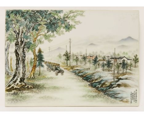 A Chinese ceramic plaque, painted with a truck loaded with wood, driving on a country road, signature of You Haibin, 22.3 x 3