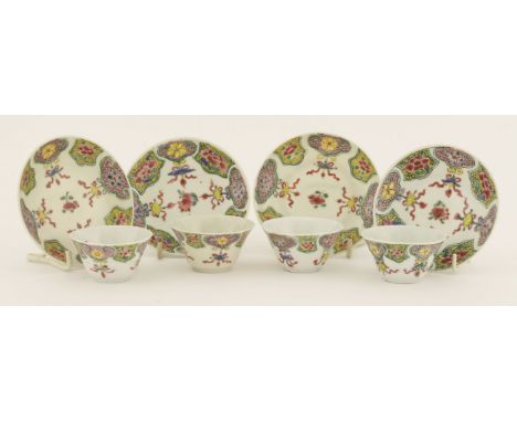 A set of four semi-eggshell famille rose tea bowls and saucers,Qianlong (1736-1795), painted with flowers on alternating pink