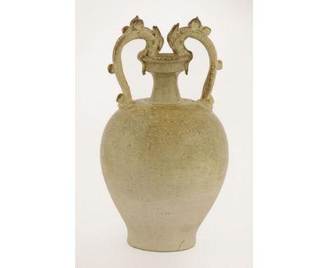 An attractive two-handled 'amphora' vase,Tang dynasty (618-907), the well-potted ovoid body applied with a pair of dragons ar