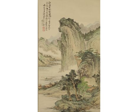 A Chinese gouache hanging scroll,20th century, attributed to Chen Hezhang, painted with a man fishing in a river amongst a mo