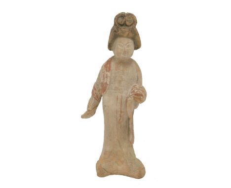 A Chinese terracotta figure of a court lady, 20th century, in the Tang style, the standing earthenware figure with her hair p