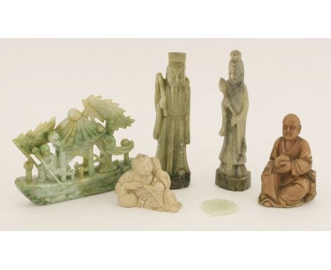 A collection of Chinese carvings, 20th century, including a jade carving of a junk boat above wave, 14cm, a jade pendant, in 