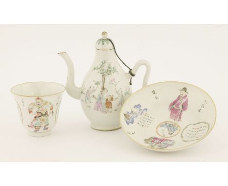 A Chinese famille rose Wushuangpu cup and saucer,Xianfeng (1851-1861), painted with renowned historical figures with inscript
