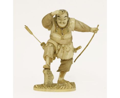 A Japanese ivory okimono,Meiji period (1868-1912), of a samurai, his right foot resting on a piece of trunk with his right ha