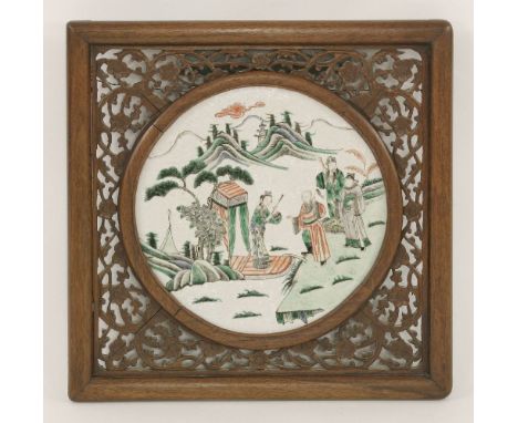 A Chinese famille verte ceramic panel, Republic period (1912-1949), painted with three scholars getting on a boat by a river,