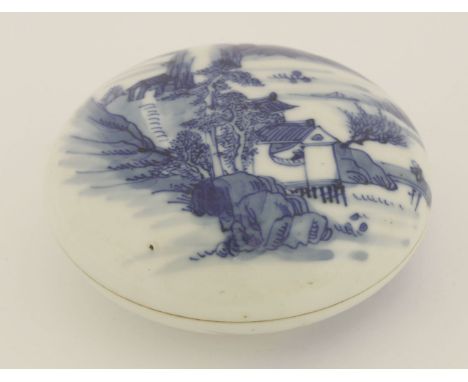A Chinese blue and white paste box and cover, Republic period (1912-1949), of circular form, painted with a figure walking in