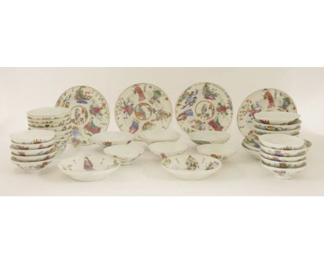A collection of famille rose tea bowls, covers and saucers,Daoguang (1821-1850), painted with 'Wu Shuang Pu' (Table of Peerle