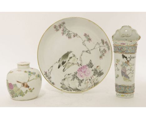 A Chinese famille rose plate,Guangxu (1875-1908), painted with a pair of bulbul on a blossoming branch above peony and rocks,