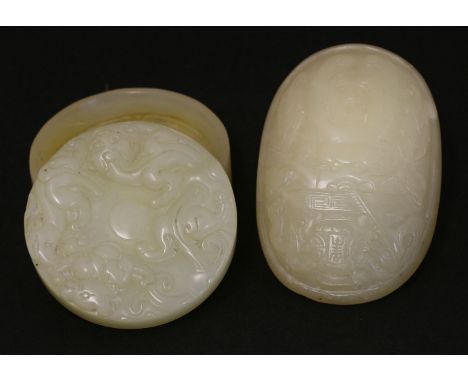 A Chinese jade plaque, Qing dynasty (1644-1911), carved with a vase with finger citron, 8cm, and a circular jade box and cove