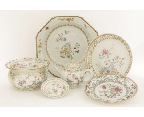 A collection of Chinese famille rose, 18th century, including a chamber pot, cover and basin, painted with birds and flowers 