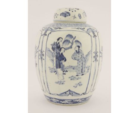 A Chinese blue and white jar and cover,early 20th century, painted with figures in a garden or magpies with peony in shaped p