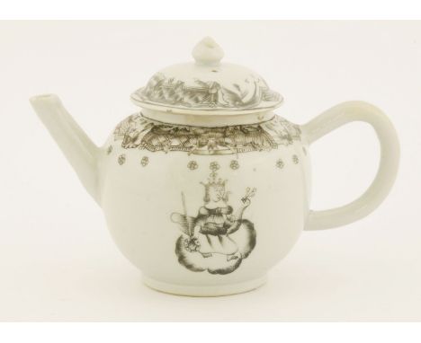 A Chinese Jesuit ware teapot and cover, 18th century, pencilled in black and gold with Juno and the peacock, the cover with b