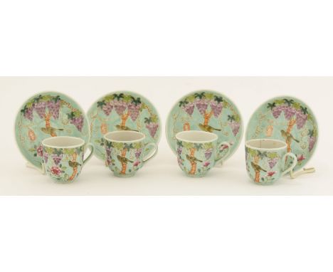 A set of four Chinese famille rose coffee cups and saucers, Republic period (1912-1949), in Dayazhai style, painted with a bi