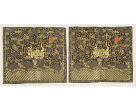 A pair of Chinese rank badges,late 19th/early 20th century, of sixth military rank, with the panther in gold thread, surround