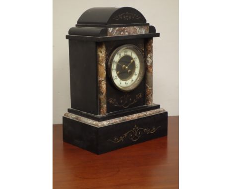 Vctorian black slate & marble arch top mantle clock, twin train movement striking the half hours on a coil, H35cm   Condition