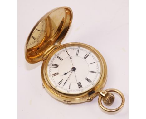 Victorian 18ct gold hunter chronograph pocket watch, movement cover engraved J R Dry 1898, JRD monogram to  front cover, case