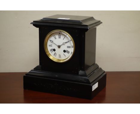 Victorian black slate mantel clock, twin train movement striking the half hours on a bell, H25cm   Condition Report   Click h