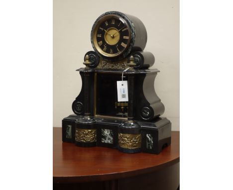 19th Century black slate & marble mantle clock, twin train movement striking the half hours on a bell, visible mercury pendul