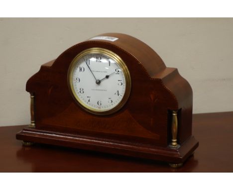 Edwardian inlaid mahogany mantle clock, dial signed Greenwood & Sons, with brass columns, bezel & feet, H17cm   Condition Rep
