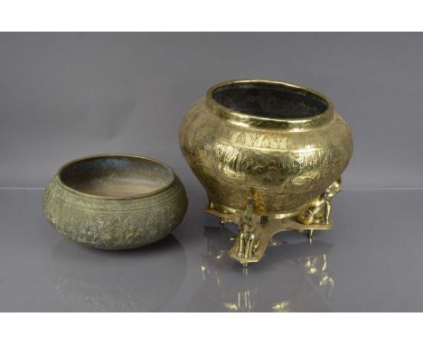 A vintage Indian brass planter and stand, together with a Middle Eastern brass bowl (3)