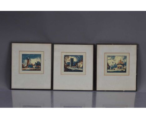 (ar) Leonard Russell Squirrell (1893-1979) three framed woodcut prints, "The Old Mill at Blackborough" (Norfolk), "The Market