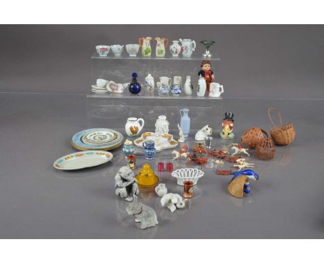 A frosted glass French bulldog with rhinestone eyes, together with a quantity of doll's house toys and miniature items, tin p