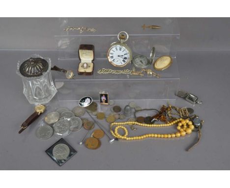 A group of watches and coins and other items, including a small 9ct gold cased lady's watch, a Military compass from WWI, a p