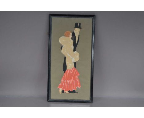 Art Deco English School, gouache on paper, Lady & Gentleman, initialled GMS, glass broken, framed, 57cm by 30cm
