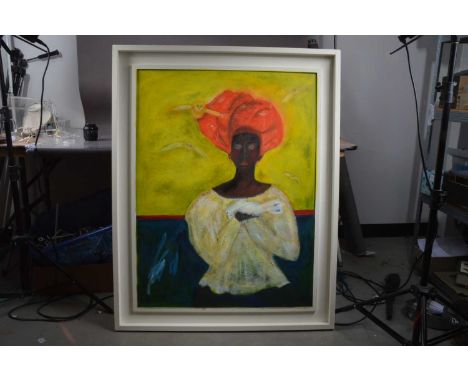(ar) Robin Hambro (1934-2022), "Lady With a Dove and Owls", Oil on canvas, Signed 'R Hambro' (lower right), 102 cm x 76 cm (N