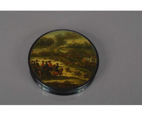An early 19th Century Snuff Box with a Napoleonic battle scene, lacquered papier mache hand painted with scene possibly of th