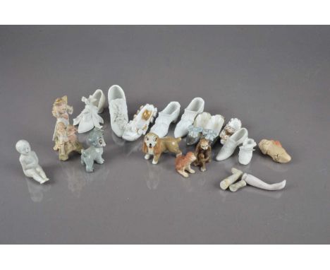 A quantity of miniature bisque porcelain shoes, and other porcelain items including monkeysMost items generally in good condi