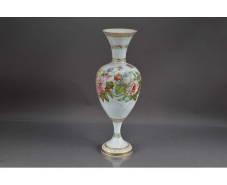 A very large 19th Century opaline glass vase, of trumpet shape with polychrome enamel and gilded decoration. Possibly French.