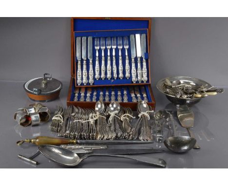 A quantity of antique silver plated cutlery mostly in Kings Pattern, including forks, spoons, soup spoons. Also a large basti