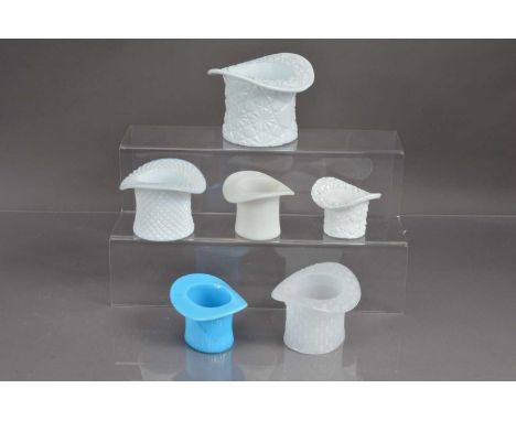 Six 20th Century top hat shape opaque milk glass trinket pots or posy vases. including  examples by Fenton in 'Daisy and Butt