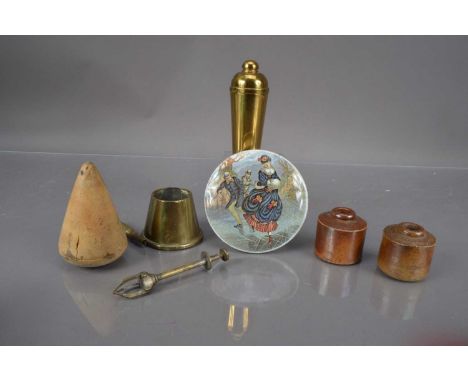 A Prattware pot lid "The Skaters" together with a treen plumber's boxwood turnpin, a brass spice shaker, a sugar pinch or ice