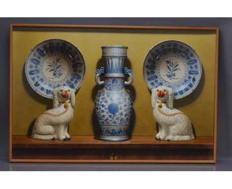 (ar) Clifford Harrison (1901-1984) "Delftware Plates, Chinese Blue and White and Staffordshire Dogs", trompe l'oeile oil on b