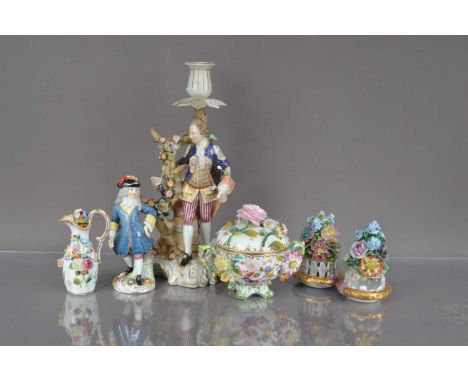 Four 19th and 20th century German porcelain items, including a figural candlestick, restored to sconce, 29cm, aa small Meisse