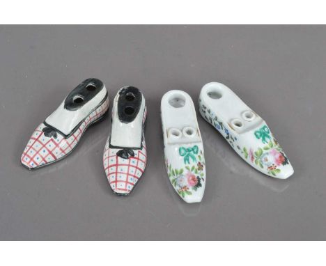 Two pairs of 19th Century miniature slipper shape inkwells A pair of Georgian pearlware examples in Prattware colours and a p