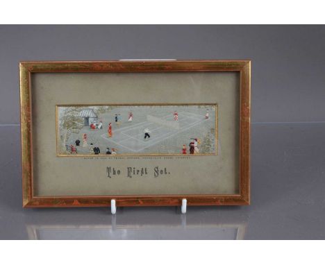 A rare Thomas Stevens Victorian sporting "Stevengraph" lawn tennis picture, "The First Set" [Godden 23] woven silk image depi