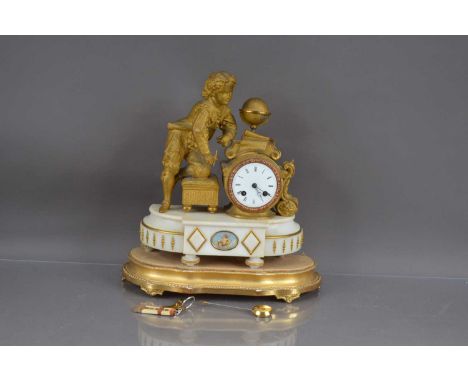 A late 19th century French gilt mantle clock, overall height 41cm, alabaster base surmounted with figure of a young man, drum