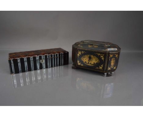 Two oriental lacquer boxes,  a 19th Century Chinese export black lacquer tea caddy with gilt Chinoiserie decoration resting o