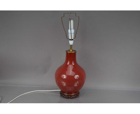 A modern Chinese sang du beouf porcelain lamp base, vase 35cm high, on wooden base, total height 66cm