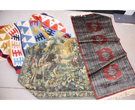 A silk or wool Oriental rug a Persian Kilim and a vintage 20th Century Renaissance style wall tapestry, small rug 124 cm by 6