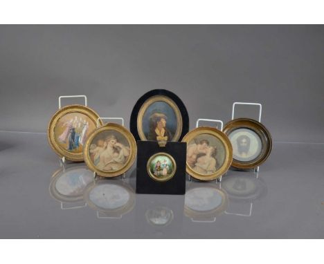 Six small pictures, including stipple engraving prints by Bartolozzi, a miniature on porcelain and a coloured photograph by S