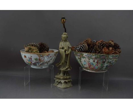 Two 19th Century Chinese Famille Rose Canton Export Punch Bowls,  together with a Chinese soapstone lamp in the form of a fig