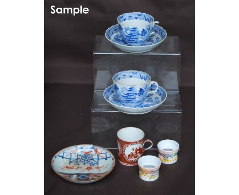 Three Miles Mason blue and white chinoiserie saucers with six cups to match, together with various other tea bowls, etc. 