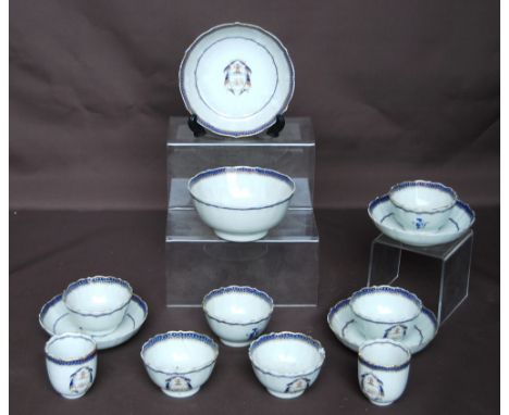 18th century Chinese armorial tea wares, comprising: slop bowl; six tea bowls; two coffee cups and four saucers, each with bl