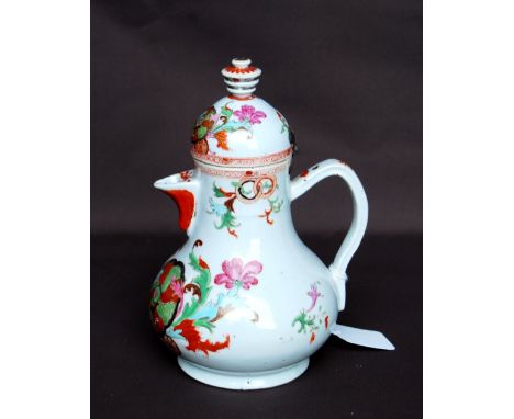 18th century Chinese Export porcelain coffee pot in the Middle Eastern style, of baluster form, the domed cover with metal hi