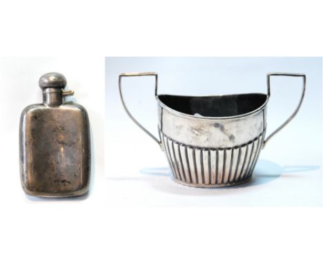 Silver small hip flask, bayonet cap, by Walker &amp; Hall, 1922, and a sugar basin, 4.7oz.&nbsp; (2) 