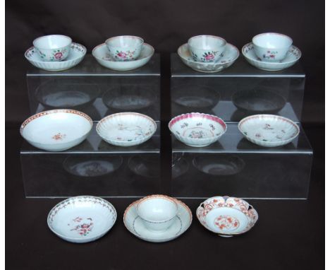 Collection of eleven mainly 18th century Chinese saucers and five tea bowls, mainly polychrome decorated with floral sprays.&